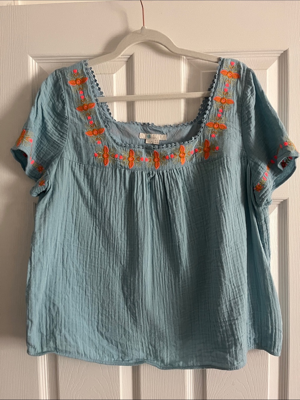 Boden Light Blue Embroidered Scoop Neck Blouse